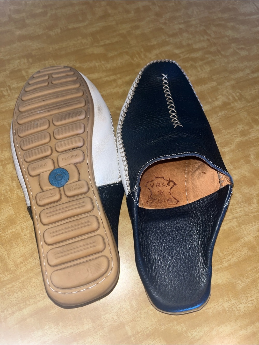 Vera Gomma Navy and White Slip-On Leather Mule with Contrast Stitching